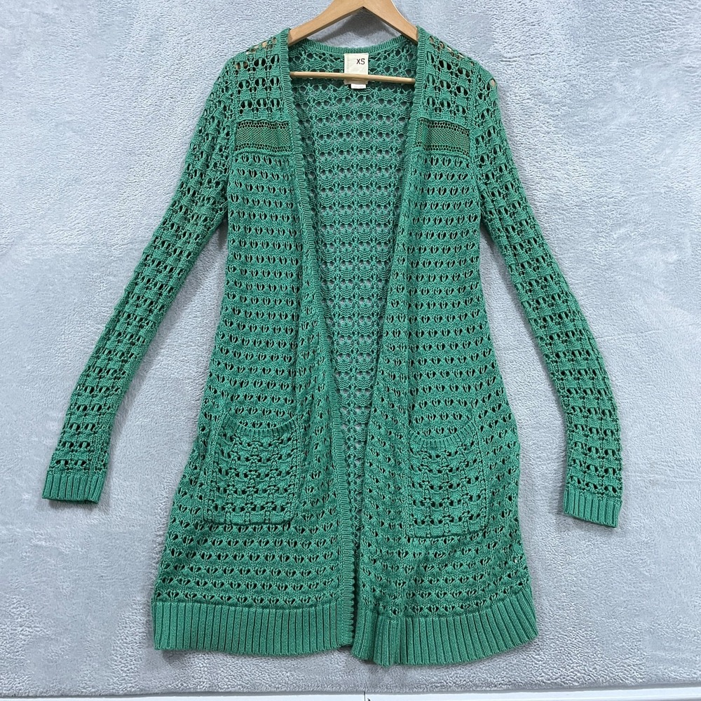Far Away From Close Sweater Womens XS‎ Green Open Knit Cardigan Boho Crochet